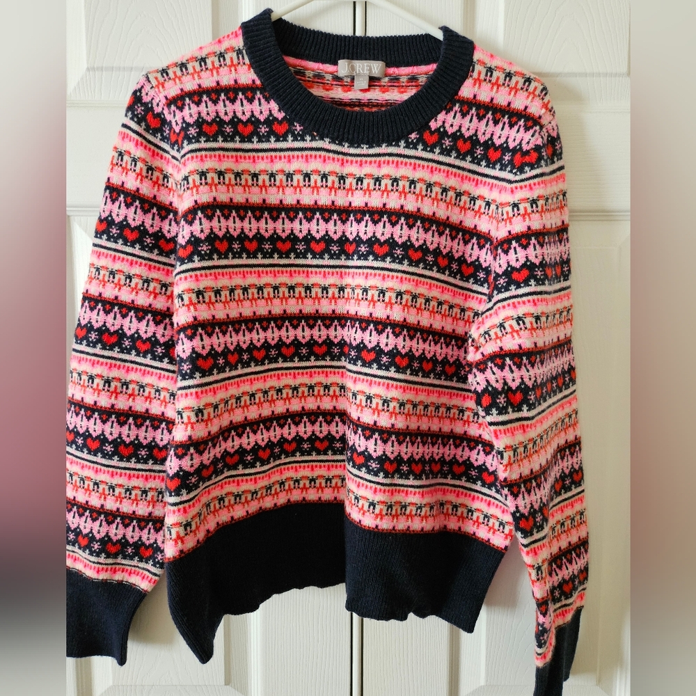 J. CREW FAIR ISLE CREWNECK PRINT SWEATER RED PINK NAVY COMFY COZY CASUAL…